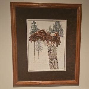 Handmade Brown and Green Eagle Cross-Stitch Art